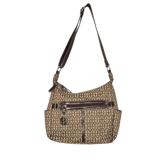Giani Bernini Shoulder Bag Womens Brown Beige Monogram Logo Purse Zip Pockets - Picture 1 of 9